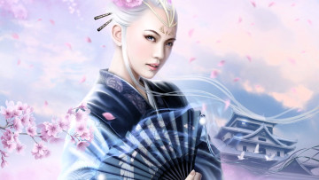 обоя фэнтези, девушки, девушка, кимоно, веер, сакура, дом