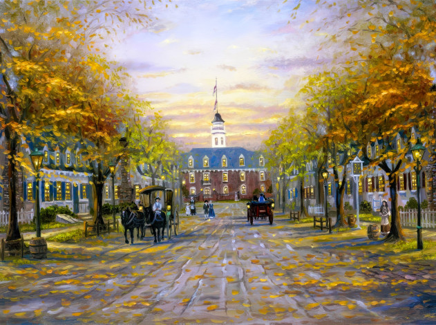 Обои картинки фото рисованное, robert finale, осень, деревья, листья, здания, кареты