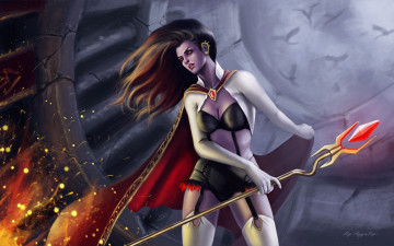 Картинка фэнтези девушки колдунья девушка камень посох птицы плащ фантастика арт