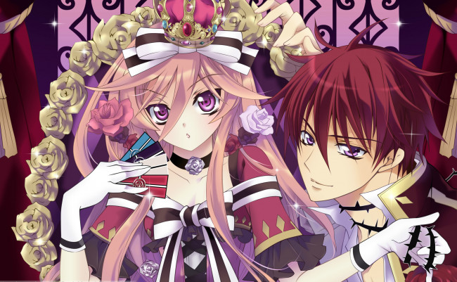 Обои картинки фото аниме, kiss of rose princess, корона, двое, yakoh, hasuzaki, бант, шипы, розы, anise, yumamoto, kiss, of, rose, princess, aya, shouoto, art