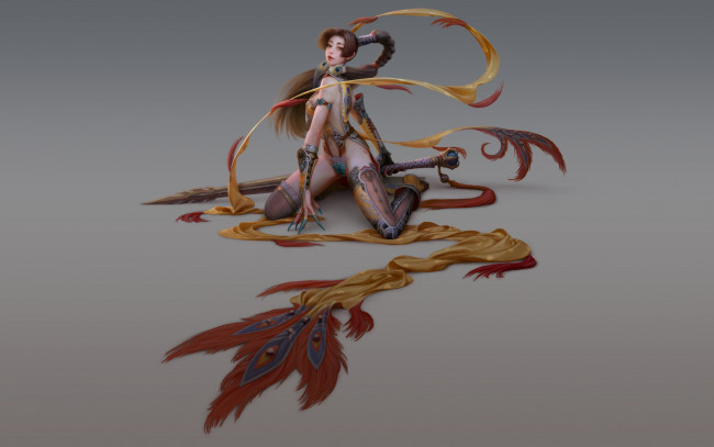 Обои картинки фото фэнтези, девушки, рисунок, арт, art, девушка, girl, fantasy, меч, sword, чулки, stocking, откровенный, наряд, revealing, outfits, лента, ribbon, коса, braid, азиатка, asian, перья, feathers