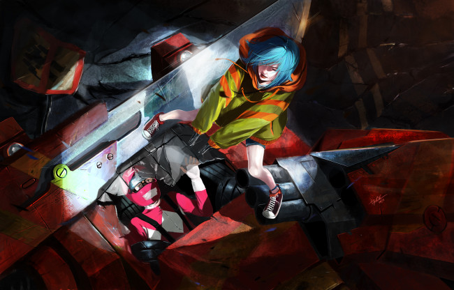 Обои картинки фото разное, арты, арт, робот, девушка, парень, пистолеты, оружие