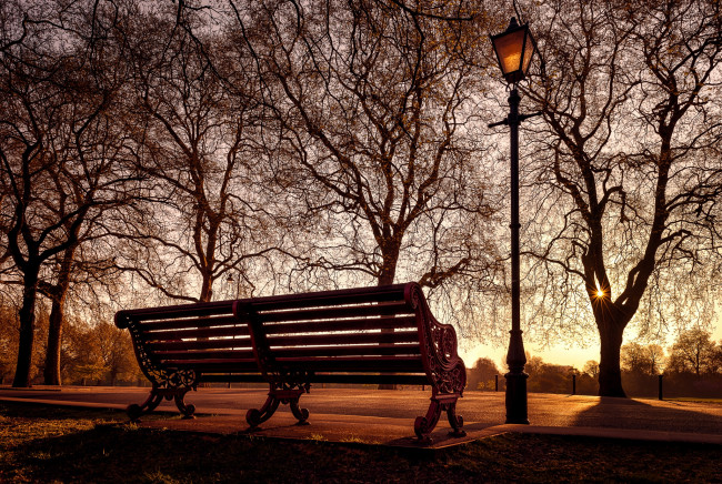 Обои картинки фото природа, парк, скамейка, фонарь