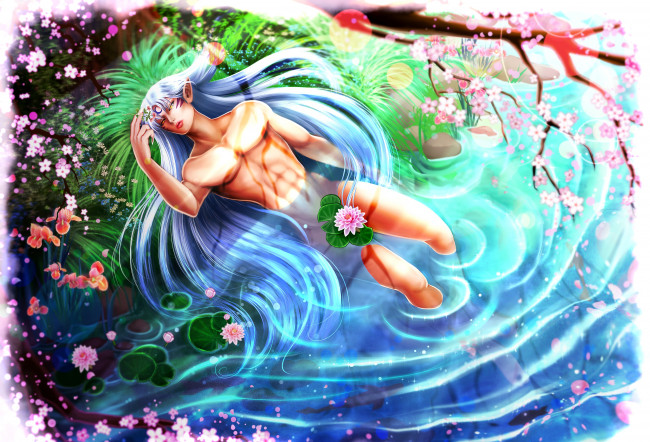 Обои картинки фото разное, арты, арт, аниме, инуяша, сешемару, демон-пёс, озеро, кувшинки, парень, секси