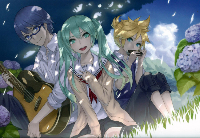 Обои картинки фото аниме, vocaloid, hatsune, miku, девушка, art, 2d, настроение, вокалоид, kaito, kagamine, len, парни, губная, гармошка, гитара, радость