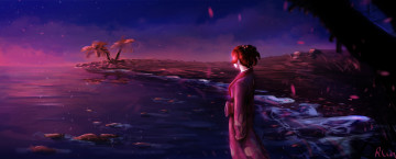 Картинка аниме samurai+champloo fuu девушка кимоно пальмы вода берег