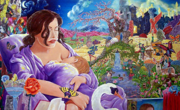 Картинка рисованное живопись кормит ребенок мама животные цветы фон