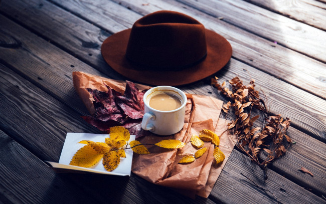 Обои картинки фото еда, кофе,  кофейные зёрна, листья, шляпа, чашка, напиток