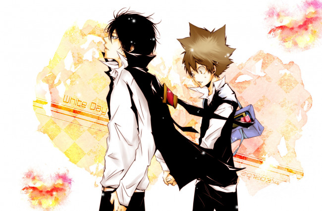 Обои картинки фото аниме, katekyo hitman reborn, тсунаёши, савада, хибари, кёя