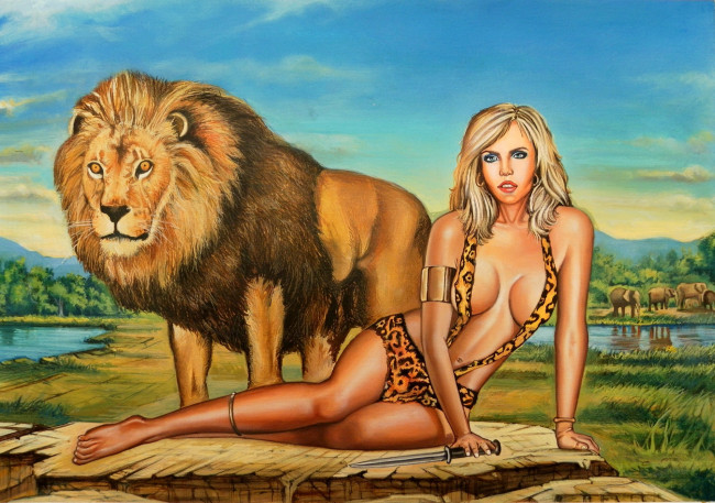 Обои картинки фото рисованное, комиксы, слон, лев, фон, девушка, взгляд, кинжал