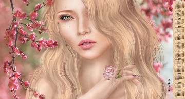 Картинка календари рисованные +векторная+графика ветка лицо цветы взгляд девушка 2018