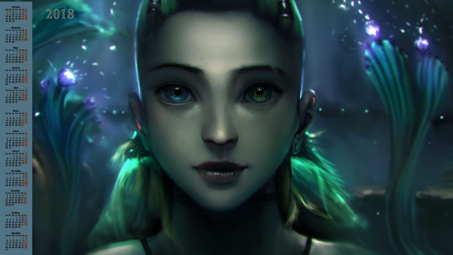 Обои картинки фото календари, фэнтези, взгляд, лицо, девушка, 2018