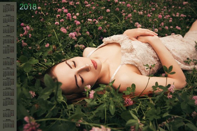 Обои картинки фото календари, девушки, 2018, цветы