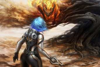 Картинка фэнтези роботы +киборги +механизмы девушка взгляд спина фантастика костюм арт демон sci-fi