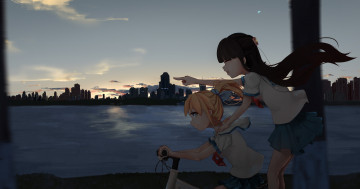 Картинка аниме город +улицы +интерьер +здания девочки