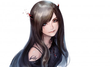 Картинка аниме ангелы +демоны рожки art белый фон арт девушка взгляд