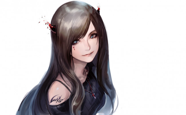 Обои картинки фото аниме, ангелы,  демоны, рожки, art, белый, фон, арт, девушка, взгляд