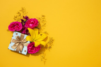 обоя праздничные, подарки и коробочки, лилия, подарок, коробка, бант