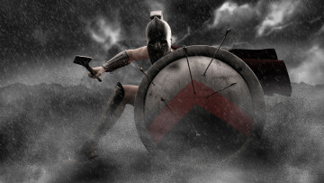 Картинка 3д+графика фантазия+ fantasy стрелы копьё шлем щит фон мужчина