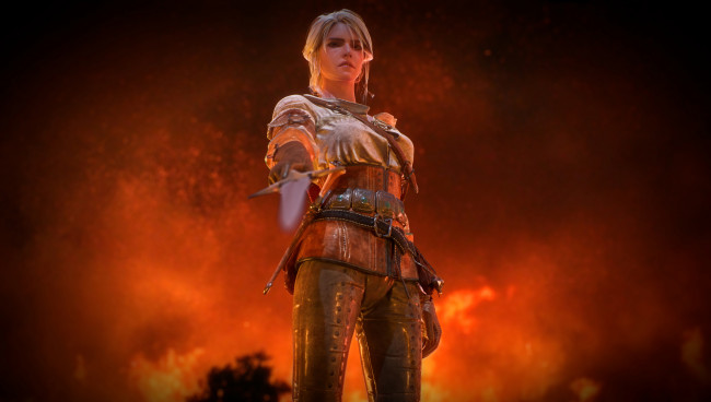 Обои картинки фото видео игры, the witcher 3,  wild hunt, меч, униформа, фон, девушка, взгляд