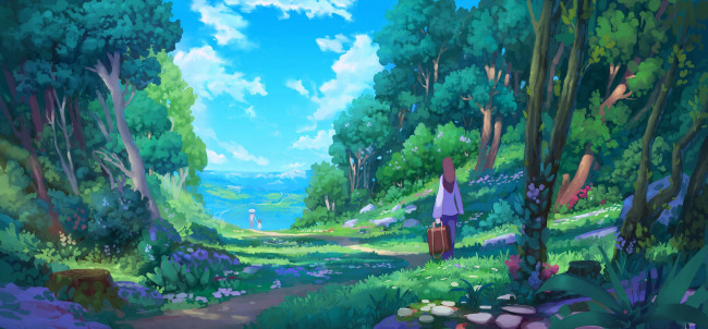 Обои картинки фото рисованное, денис истомин, лес, тропа, люди