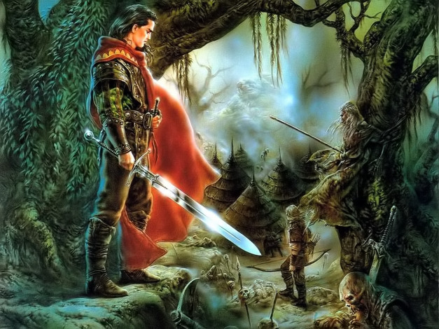 Обои картинки фото фэнтези, _luis royo, воин, плащ, меч, селение, скелет