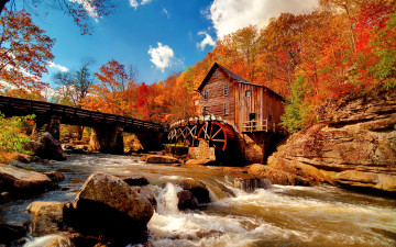 обоя разное, мельницы, мельница, лес, осень, мост, река