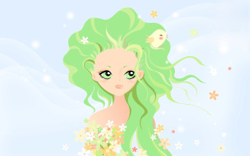 обоя векторная графика, девушки , girls, девушка, зеленые, волосы, цветы, птица