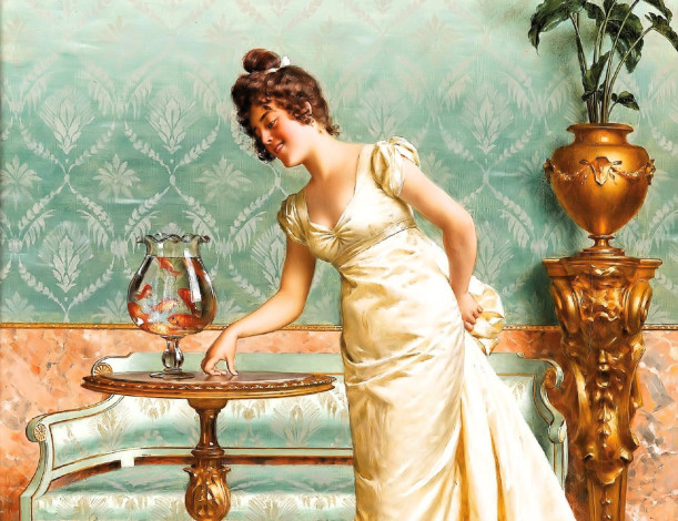 Обои картинки фото рисованное, vittorio reggianini, девушка, платье, столик, рыбки, ваза, растение, диван