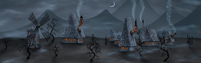 Обои картинки фото рисованное, vladstudio, горы, месяц, деревья, дома, дым, ноты, мельница