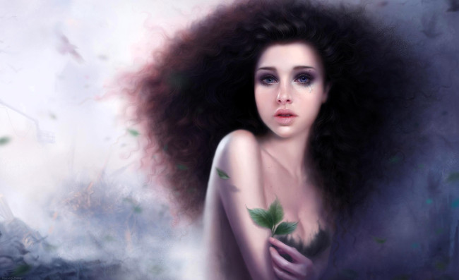 Обои картинки фото фэнтези, девушки, девушка, листья, туман