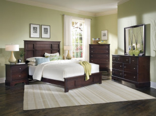 Картинка интерьер спальня подушки кровать тумбочка