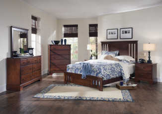 Картинка интерьер спальня тумбочка кровать подушки