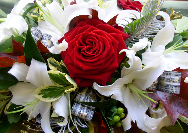 Обои картинки фото цветы, букеты, композиции, лилии, роза