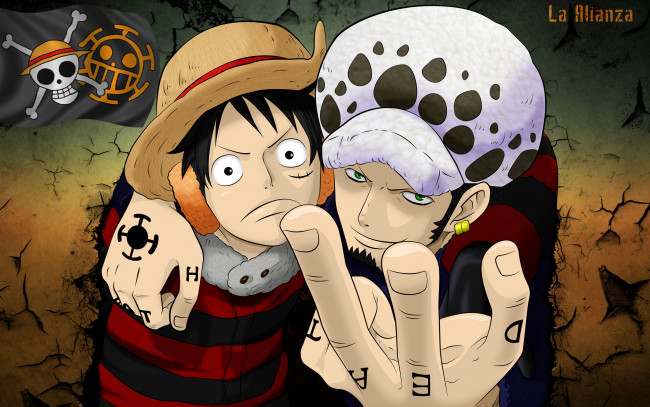 Обои картинки фото аниме, one piece, флаг, пираты, luffy, trafalgar, law