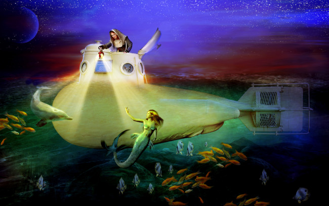 Обои картинки фото фэнтези, русалки, батискаф, рыбы