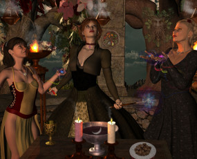 Картинка 3д+графика люди+ people взгляд девушки свечи стол магия