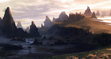 Картинка рисованное природа трава вода горы скалы