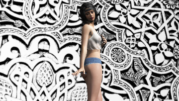 обоя 3д графика, люди , people, шорты, фон, взгляд, девушка