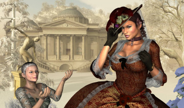 Картинка 3д+графика люди+ people фон взгляд девушка зима скульптура шляпа деревья замок