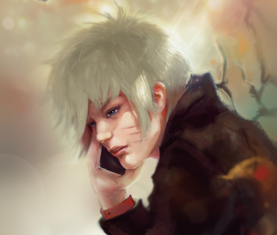 Обои картинки фото рисованное, люди, парень, наруто, телефон, блондин