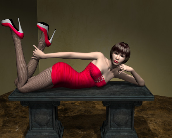 Обои картинки фото 3д графика, люди , people, туфли, чулки, платье, фон, взгляд, девушка