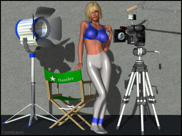 Обои картинки фото 3д графика, фантазия , fantasy, девушка, прожектор, фотоаппарат, блондинка, фон, взгляд