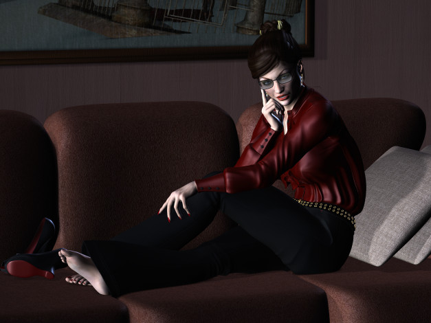 Обои картинки фото 3д графика, люди , people, фон, взгляд, девушка, диван, подушки