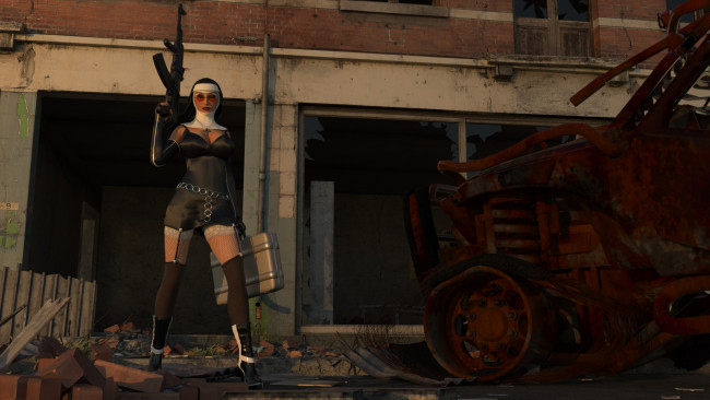 Обои картинки фото 3д графика, фантазия , fantasy, автомобиль, монашка, оружие, чемодан