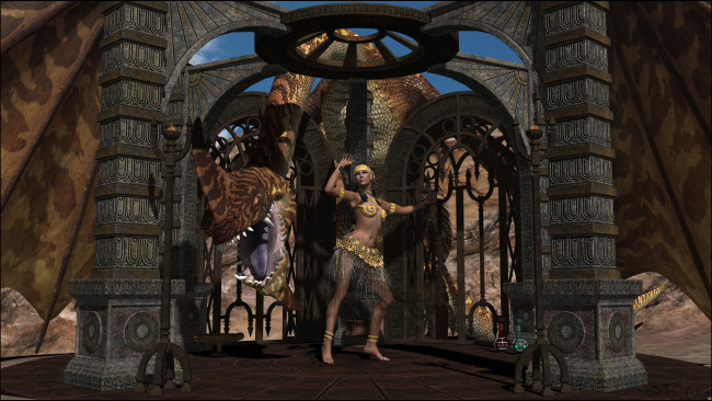 Обои картинки фото 3д графика, фантазия , fantasy, пасть, клыки, взгляд, девушка