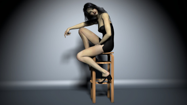 Обои картинки фото 3д графика, люди , people, девушка, взгляд, стена, стул, фон