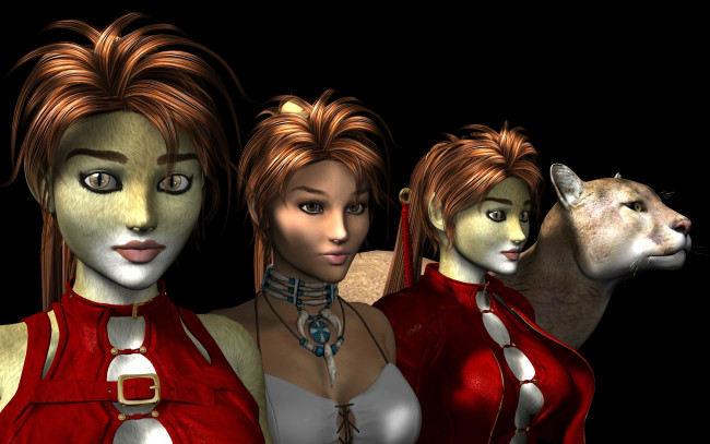 Обои картинки фото 3д графика, существа , creatures, ягуар, девушки, взгляд, фон