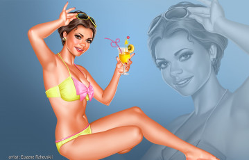 Картинка рисованное люди фон взгляд девушка коктейль улыбка