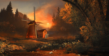 Картинка рисованное живопись мельница дом лес восход утро деревья настроение